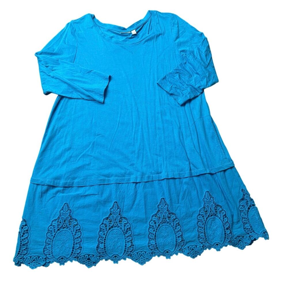 LOGO Lori Goldstein XL Blue Tunic Dress Lace Hem Boho Artsy Stretch